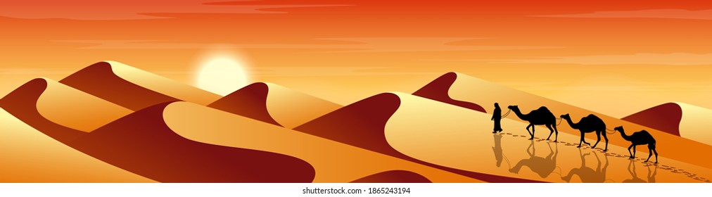 Man leads a camels through the desert. Exotic landscape. Sands and dunes. Design for tourism and travelling. Vector natural background, banner, template for web design 