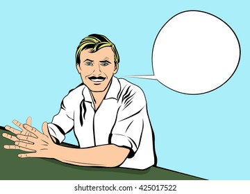 Man leads the conversation and smiles. Successful job interview in employment. Bright and colorful vector pop art style