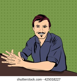 Man leads the conversation and smiles. Successful job interview in employment. Bright and colorful vector pop art style