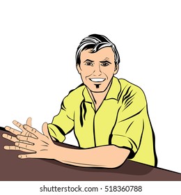 Man leads conversation and smiles. Successful job interview in employment. Bright and colorful vector pop art style