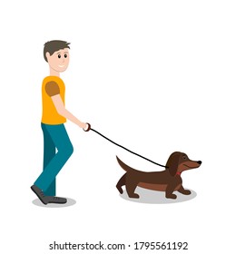 A man leads a Dachshund dog on a leash, color isolated illustration on a white background, clipart, design, decoration, icon, sign, sketch, banner, logo