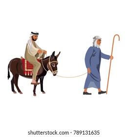 Man leads a donkey with a rider. Vector illustration isolated on white background