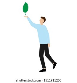 The man with the leaf. Flat cartoon character isolated on white background