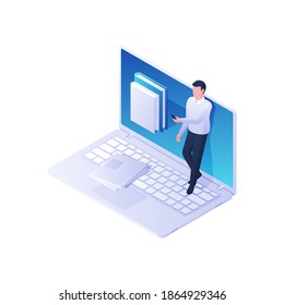 Man leafing through online library application isometric vector. Male character with phone reads web book selections. Modern multimedia knowledge and fast information finding vector concept.