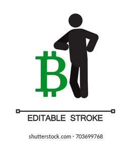 Man lean on bitcoin sign silhouette icon. Businessman, analyst, economist, financier, marketer, manager. Successful and confident person. Isolated vector illustration. Editable stroke
