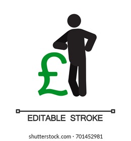 Man lean on pound sign silhouette icon. Businessman, analyst, economist, financier, marketer, manager. Successful and confident person. Isolated vector illustration. Editable stroke