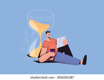 Man Lean On Sandglass Use Modern Mobile Tablet Gadget, Waste Time On Internet In Social Media. Smiling Guy With Device Addiction, Scroll Browse Internet. Technology Era. Flat Vector Illustration. 