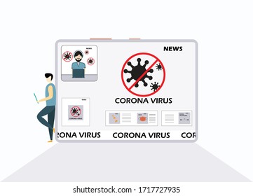 Un hombre se inclina en la pantalla del comprimido. Pantalla que muestra información del virus de la corona. Un hombre mirando la pantalla del comprimido. Covid-19 datos y prevención.