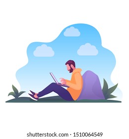 A Man Leaned Against A Rock While Using A Laptop