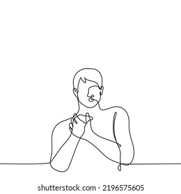 man leaned back with his mouth open and folded his palms on his chest in shock, fright or surprise - one line drawing vector