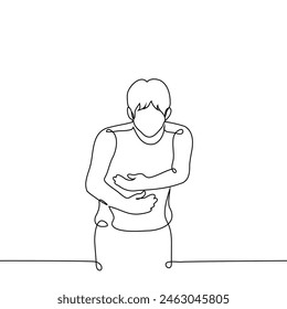 man leaned forward clutching his stomach with both hands - one line art vector. concept spasm, abdominal pain