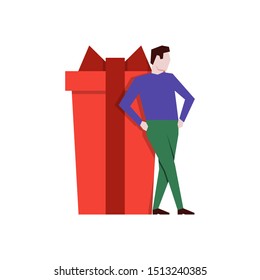Man leaned on the big gift box. Vector illustration