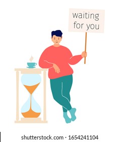 Man leaned on a large hourglass and waits. Guy holding a sign in hands isolated on white. Vector illustration in cartoon style with space for text. Recruitment concept, search for specialists.