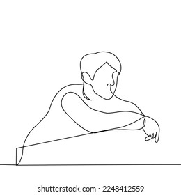 el hombre se apoyó en el pasamanos con los brazos relajados y mira hacia la distancia - un vector de dibujo de una línea. el concepto de relajación, calma, zen