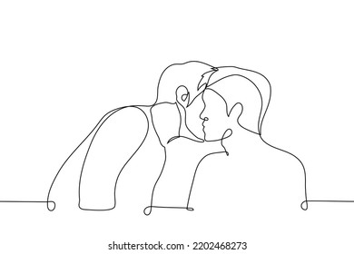 man leaned over a seated man and whispers in his ear or kisses his cheek greeting or congratulating - one line drawing vector. concept of gossip spreading or homosexual men flirting, queerbaiting