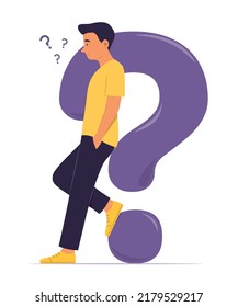 Man Leaning Against a Big Question Mark and Thinking a Question.