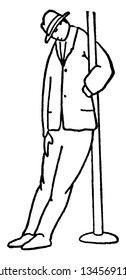 A man leaning against pole and resting, vintage line drawing or engraving illustration