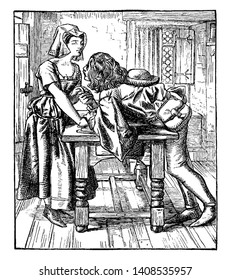 A man leaning against table and holding hand of woman standing near table, vintage line drawing or engraving illustration