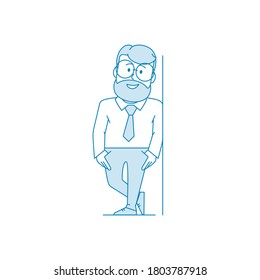 Man is leaning against the wall. Man with glasses and a beard holds his chin with his hand. Manager or office worker in a shirt with a tie. Illustration in line art style. Vector