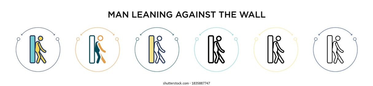 Man leaning against the wall icon in filled, thin line, outline and stroke style. Vector illustration of two colored and black man leaning against the wall vector icons designs can be used for