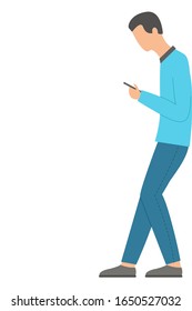 The man is leaning back against the wall, looking at the phone. Isolated on a white background. Flat design. Vector illustration.