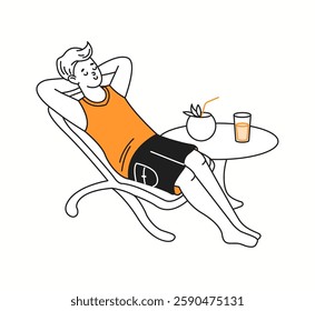 A man leaning back comfortably on a beach chair, enjoying the peaceful atmosphere and summer vibes, illustrated in a minimal doodle-style drawing.