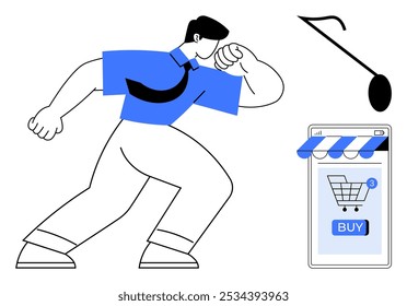 Un hombre se inclina hacia un dispositivo móvil con un ícono de Carrito de compras. Una nota musical flota arriba. Ideal para compras en línea, comercio electrónico, transacciones digitales, integración de música, moderno