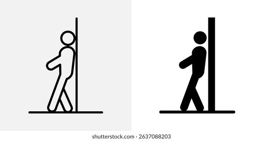 Man leaning icon. Person standing upright with back against wall vector illustration. Posture near vertical surface symbol. Simple human figure in relaxed position sign. Minimal silhouette pictogram.