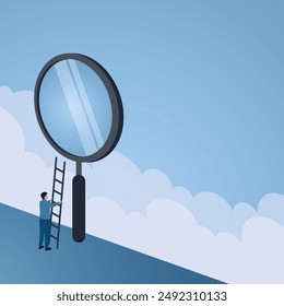 A man leaning a ladder against a large magnify looks at the sky, an illustration for a vision.