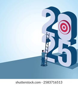 A man leaning a ladder towards the number 2025. Illustration for new year goals, new targets and new challenges.