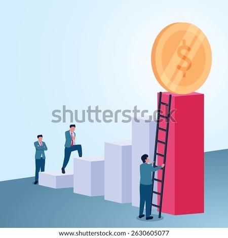 A man leaning a ladder towards the top of the money. A metaphorical illustration for shortcuts, strategies and the quickest way.