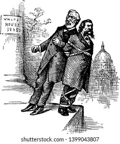 A man leaning on another man and pushing him, vintage line drawing or engraving illustration