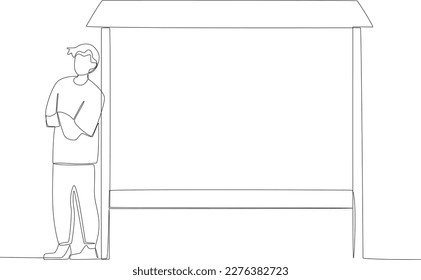 A man leaning on a bus stop. Public transport one-line drawing