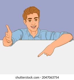Man leaning on empty white board and pointing on it