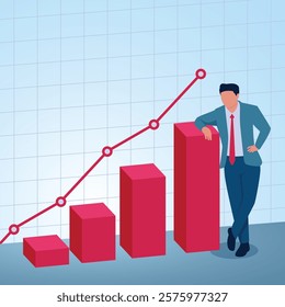 A man leaning on a graph that is continuously rising. Illustration for increasing investment profits, stock gains and investment value increase.