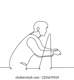 man leaning on the railing looks into the distance - one line drawing vector. concept view from the balcony, admire the scenery, contemplation