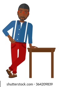 Man leaning on table.
