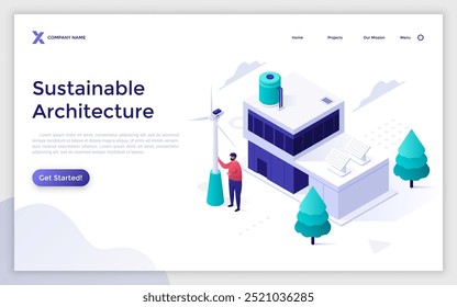 Man leaning on wind turbine pole installed near smart house. Sustainable architecture landing page isometric template. Alternative power sources creative 3d vector illustration for web page