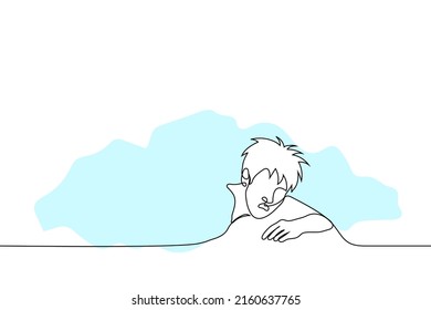 man leaning out from under the blanket - one line drawing vector. a shaggy man lying on his stomach with his mouth open just woke up or was awakened by someone. concept morning awakening