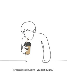 man leaning over drinks a drink from a straw from a plastic cup - one line art vector. concept caffeine addiction, teenager secretly drinking coffee
