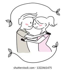 Man leaning over to embrace woman. Young couple leaning over to embrace each other. Happy couple staring into each other's eyes and leaning over to hug each other. Doodle vector illustration.
