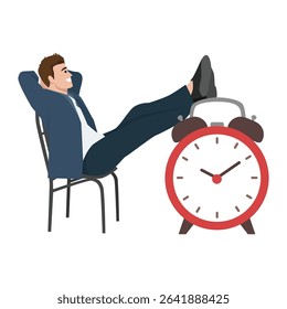 Man leans back with his feet on a giant clock, portraying a relaxed despite the constraints of time. Flat vector illustration isolated on white background