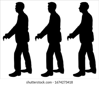 Man leans on a chair. Vector illustration of a silhouette of a man in a suit. Set of three positions: man holding onto a table and looking straight ahead, sideways. Black shadow on a white background.