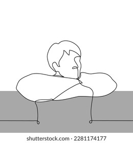 man leans on a high railing with crossed arms sticking out - one line drawing vector. concept dreaming, waiting, relaxation, procrastination, laziness