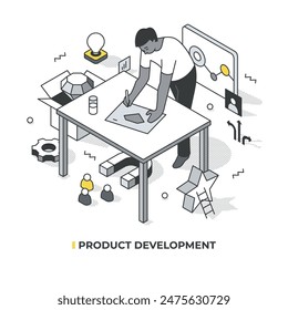 Man leans over a table, sketching new product with the target audience in mind, relying on marketing data. Depicts new product development, idea phase, and marketing strategy. Isometric illustration