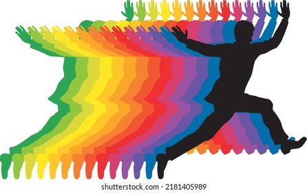 Man leaps forward leaving multi-colored rainbow trail.
Colorful vector illustration of leaping man in silhouette.