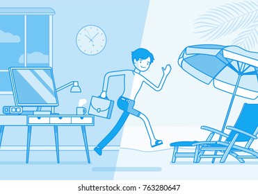 Man leaps to vacation. Young worker after feeling tired and exhausted in the office runs to the beach resort for relaxation, dreaming of summer. Vector business concept line art illustration