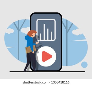 Man learn music with phone icon illustation flat design concept