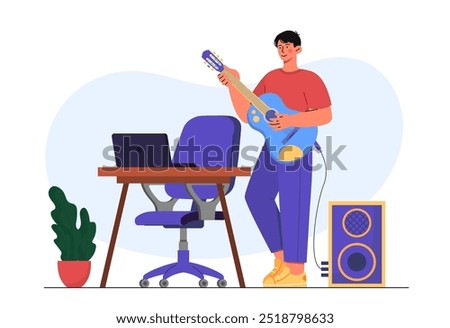 Man learn to play guitar. Guy at home with electric acoustic guitar near speakers. Creativity and education. Musician and guitarist rehearses. Flat vector illustration isolated on white background