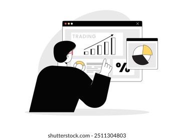 Hombre aprendiendo a analizar datos de trading. gráficos financieros. Carácter de diseño. Ilustración plana de Vector